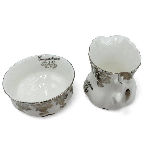 ROYAL ALBERT Silver Floral Cream And Sugar 25th Anniversary England Vintage - Picture 11 of 12